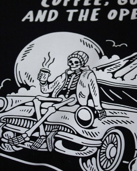 Coffee, Guitar & The Open Road Organic T-shirt Black - Pedal Jungle