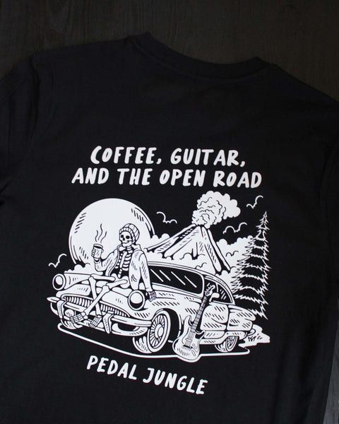 Coffee, Guitar & The Open Road Organic T-shirt Black - Pedal Jungle
