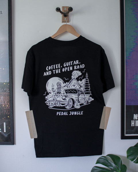 Coffee, Guitar & The Open Road Organic T-shirt Black - Pedal Jungle