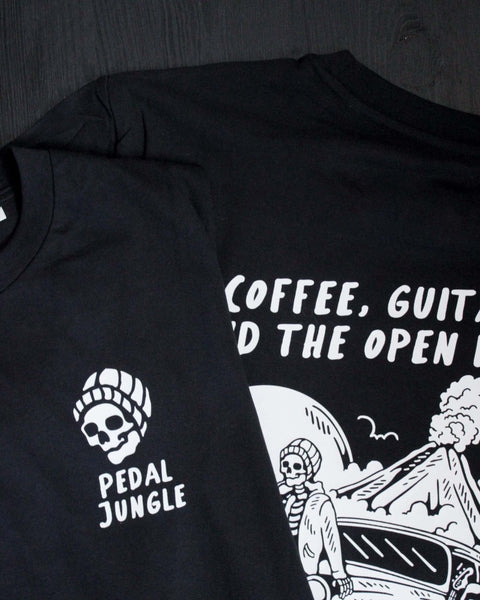 Coffee, Guitar & The Open Road Organic T-shirt Black - Pedal Jungle