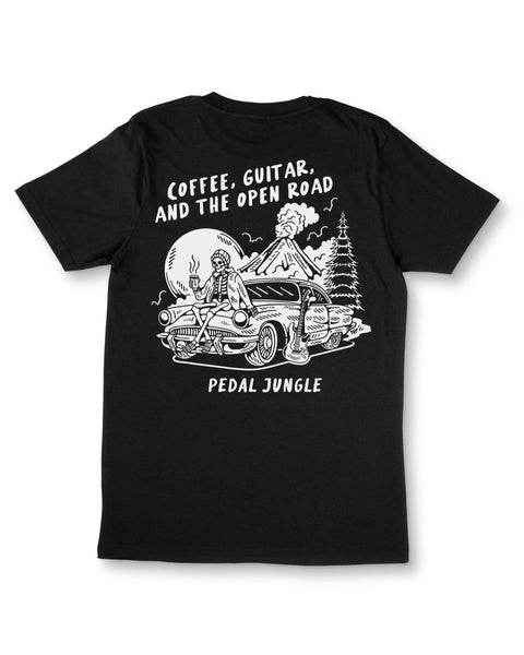Coffee, Guitar & The Open Road Organic T-shirt Black - Pedal Jungle