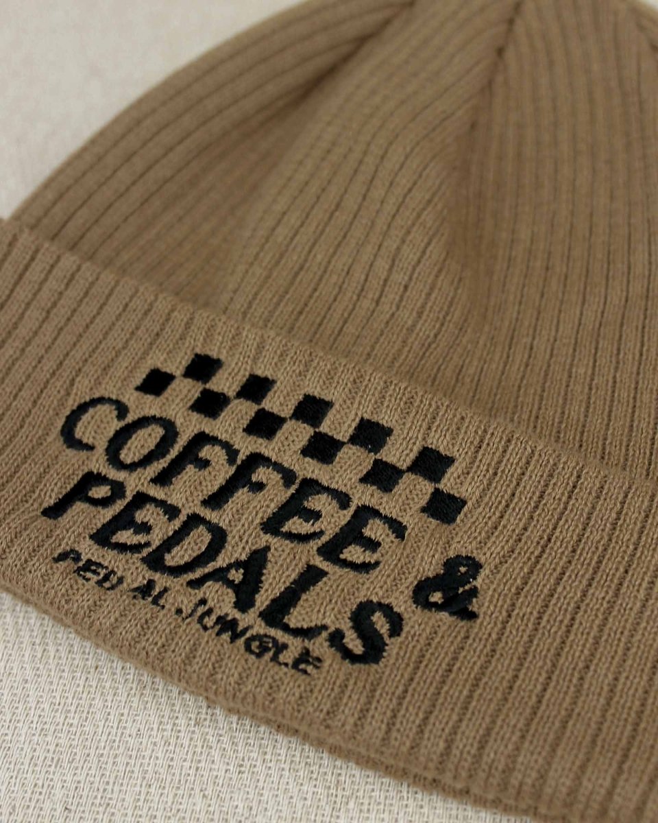 Coffee & Pedals Embroidered Organic Cotton Cuffed Beanie Biscuit - Pedal Jungle