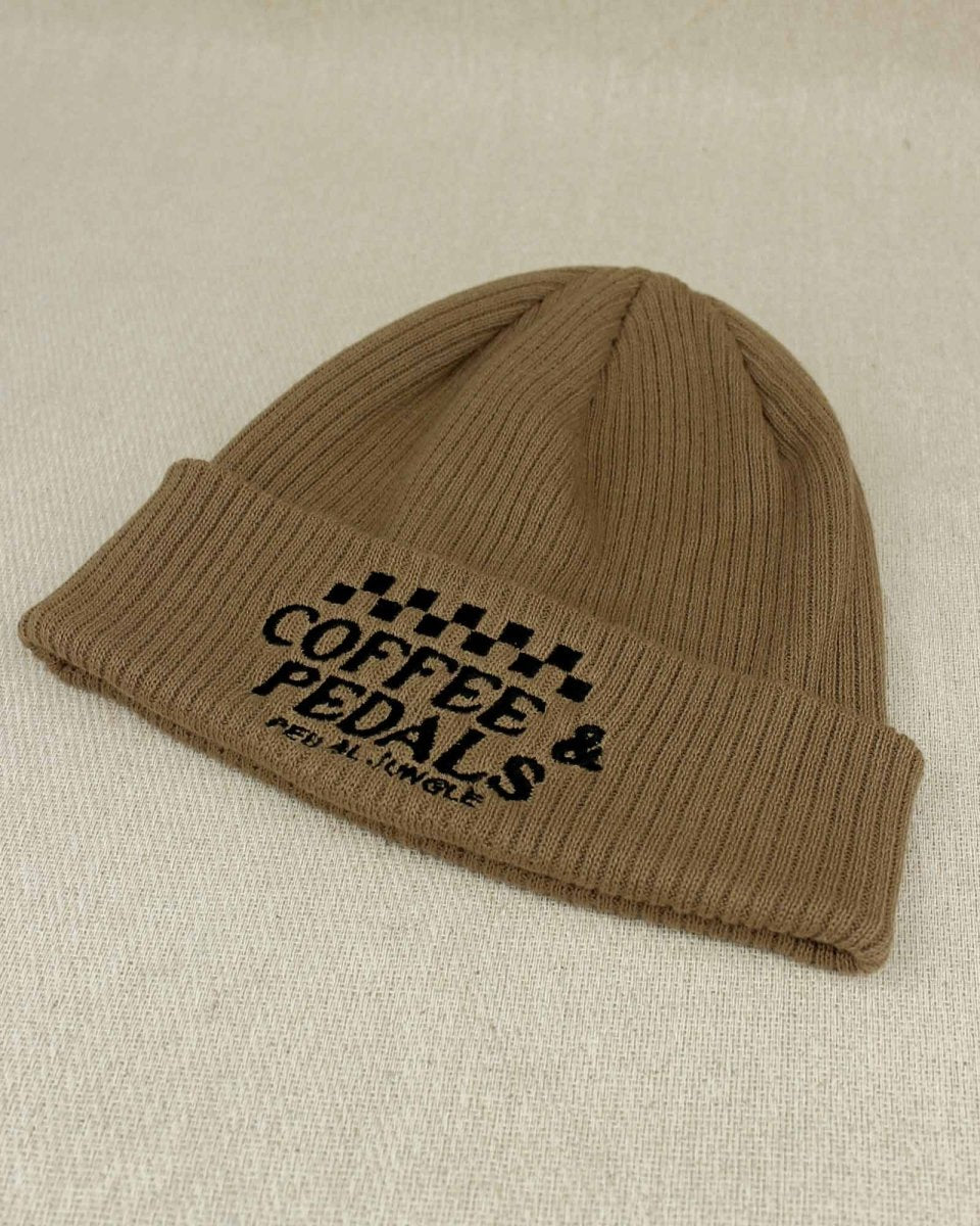 Coffee & Pedals Embroidered Organic Cotton Cuffed Beanie Biscuit - Pedal Jungle