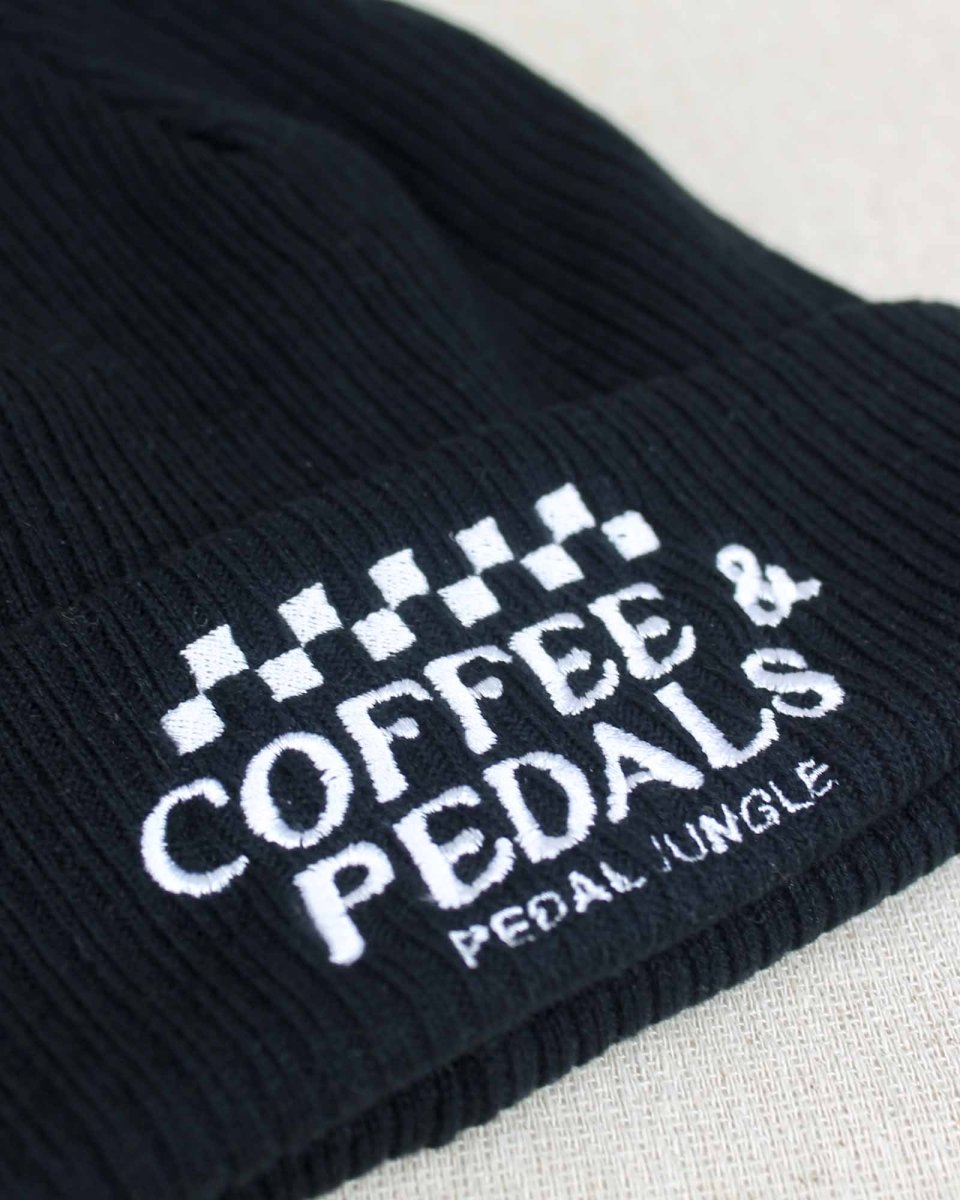 Coffee & Pedals Embroidered Organic Cotton Cuffed Beanie Black - Pedal Jungle