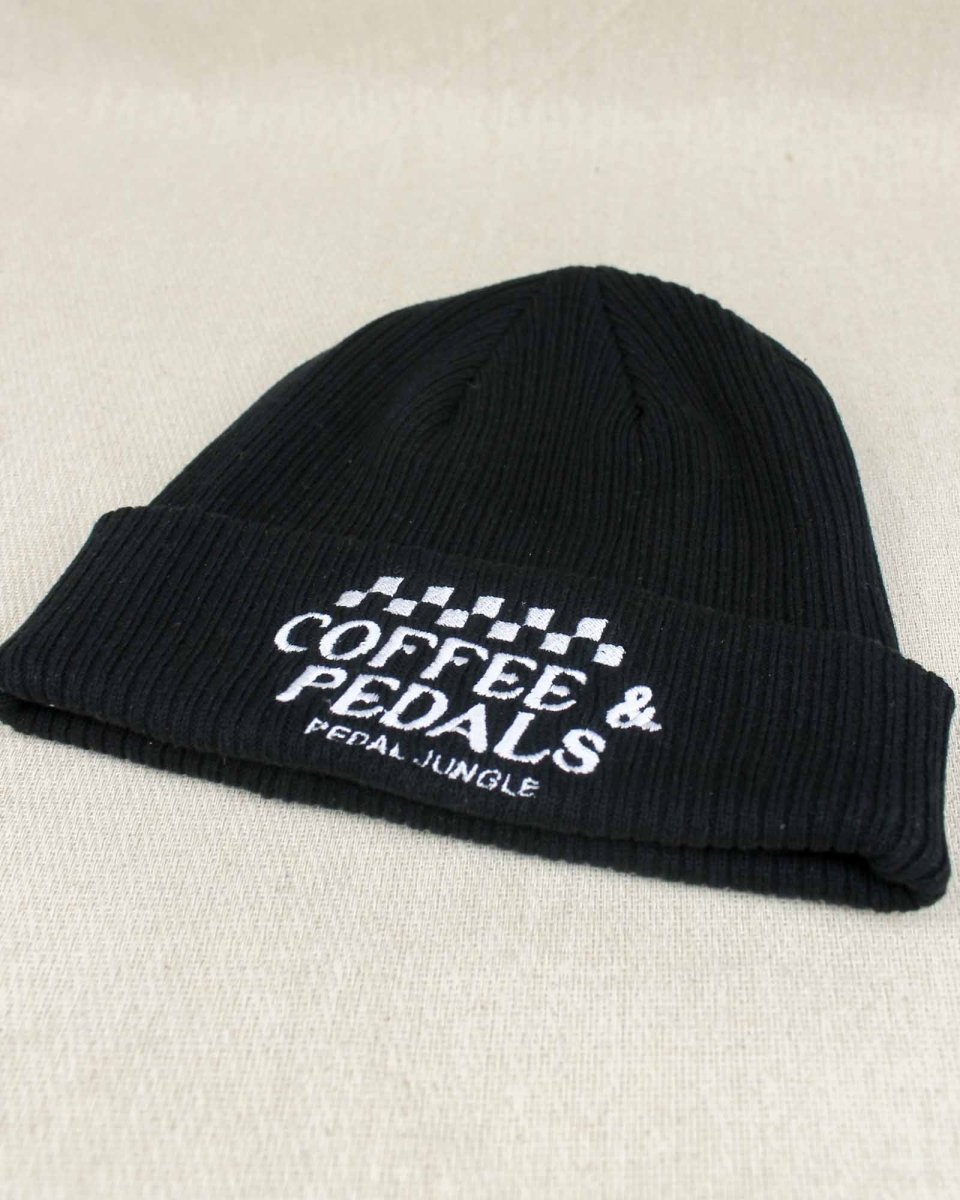 Coffee & Pedals Embroidered Organic Cotton Cuffed Beanie Black - Pedal Jungle