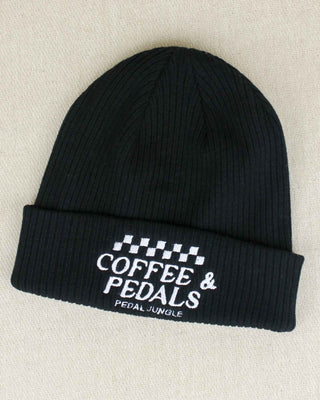 Coffee & Pedals Embroidered Organic Cotton Cuffed Beanie Black - Pedal Jungle