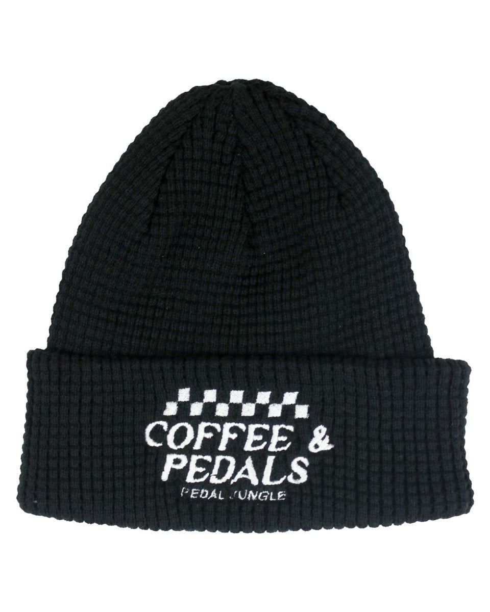 Coffee & Pedals Embroidered Organic Cotton Waffle Beanie Black - Pedal Jungle