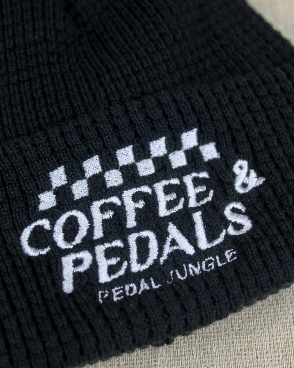 Coffee & Pedals Embroidered Organic Cotton Waffle Beanie Black - Pedal Jungle