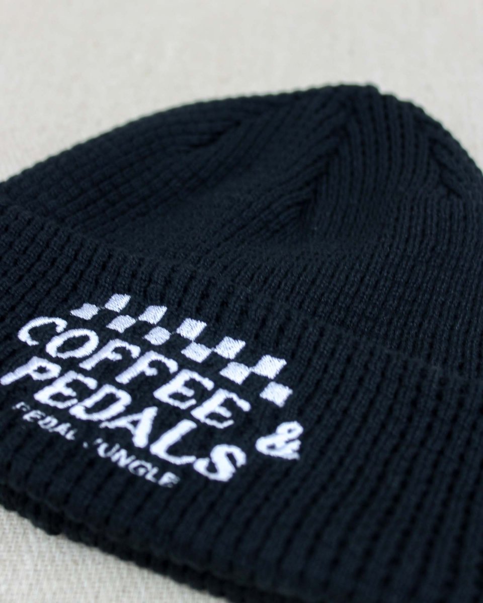 Coffee & Pedals Embroidered Organic Cotton Waffle Beanie Black - Pedal Jungle