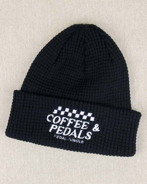 Coffee & Pedals Embroidered Organic Cotton Waffle Beanie Black - Pedal Jungle