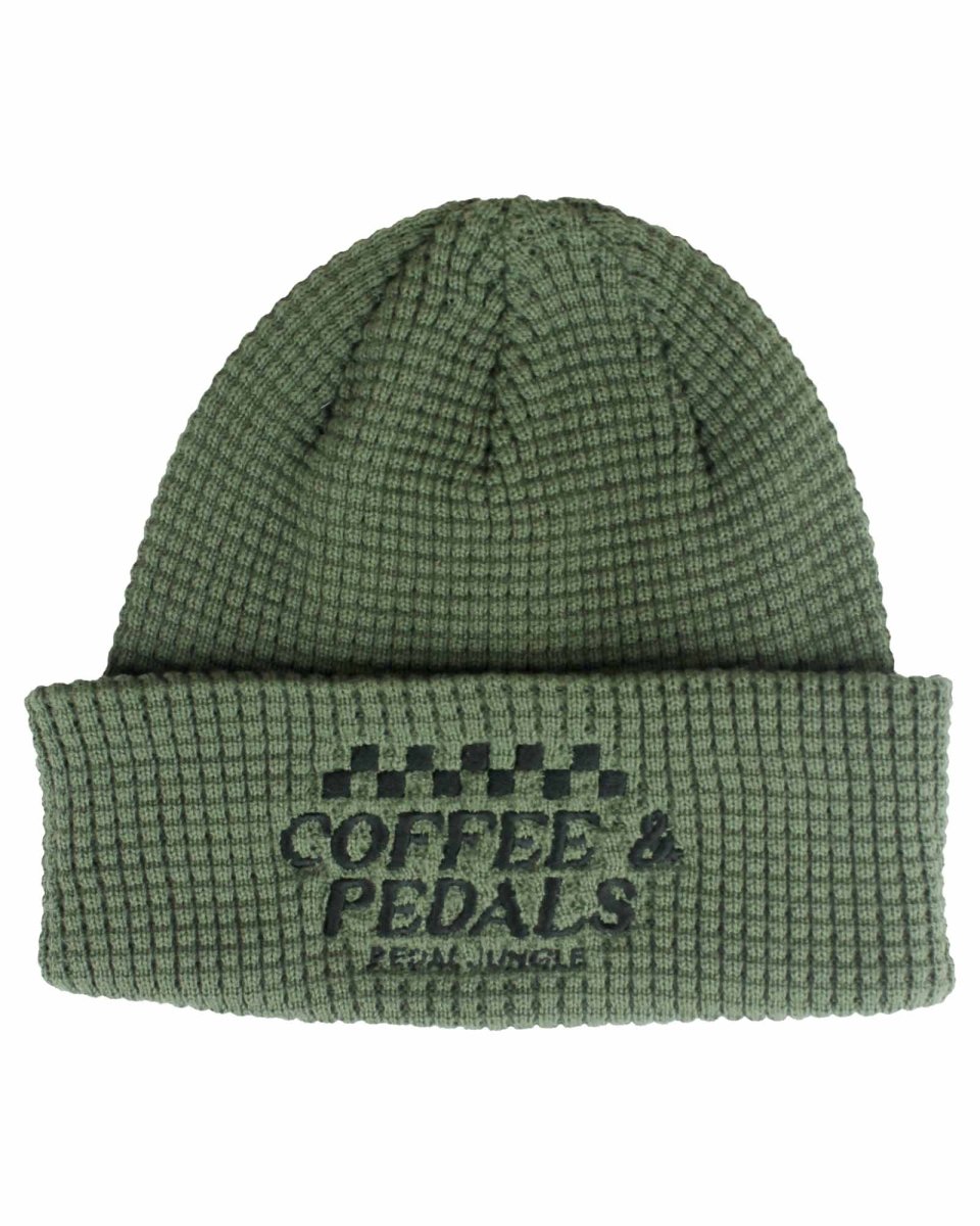 Coffee & Pedals Embroidered Organic Cotton Waffle Beanie Khaki - Pedal Jungle