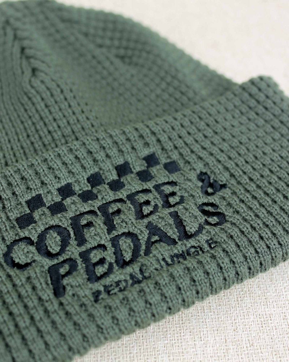 Coffee & Pedals Embroidered Organic Cotton Waffle Beanie Khaki - Pedal Jungle