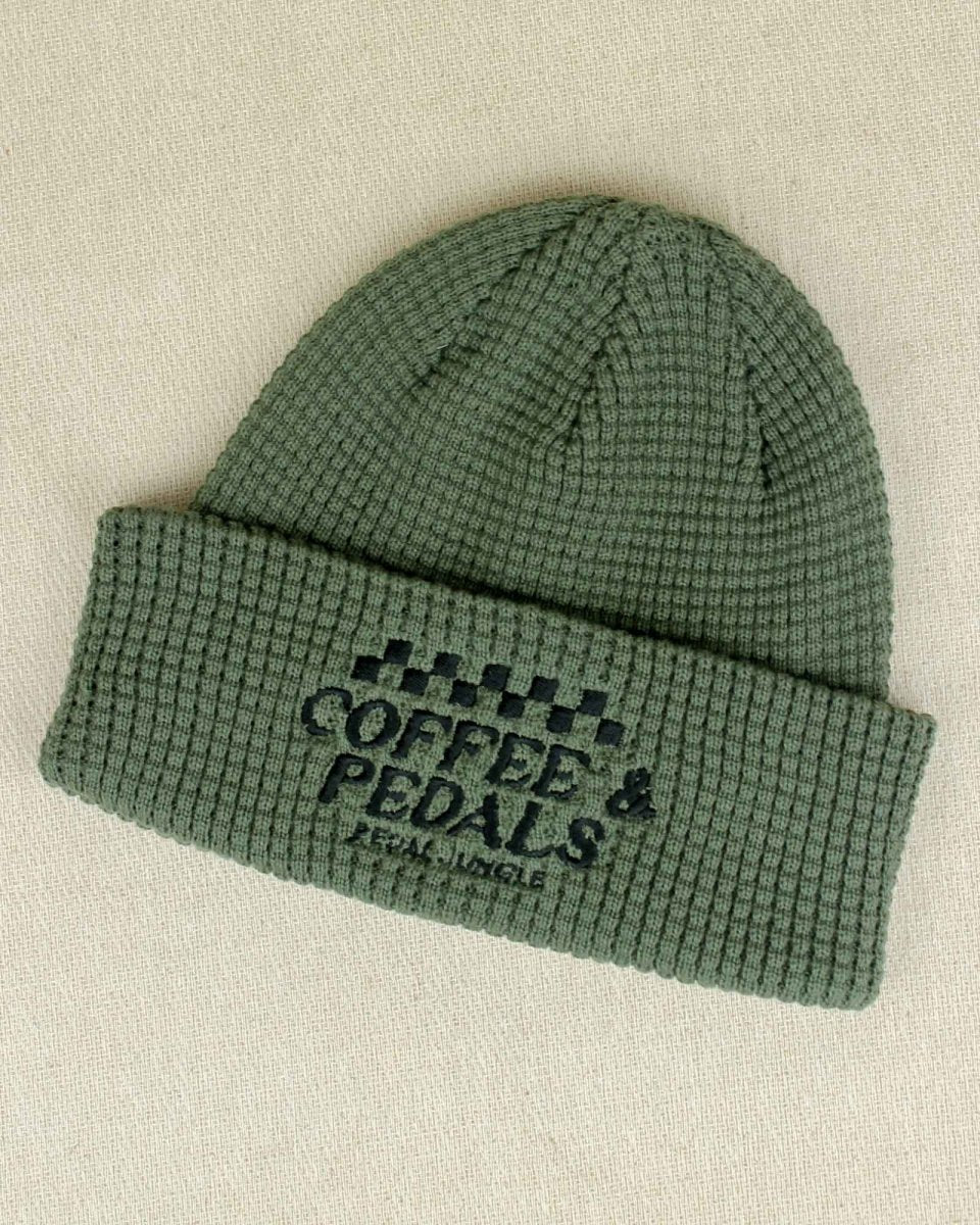 Coffee & Pedals Embroidered Organic Cotton Waffle Beanie Khaki - Pedal Jungle