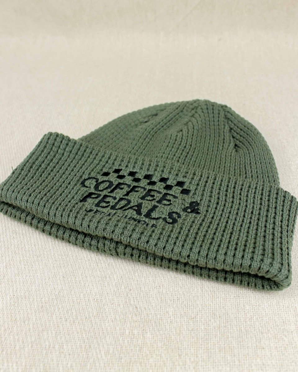 Coffee & Pedals Embroidered Organic Cotton Waffle Beanie Khaki - Pedal Jungle